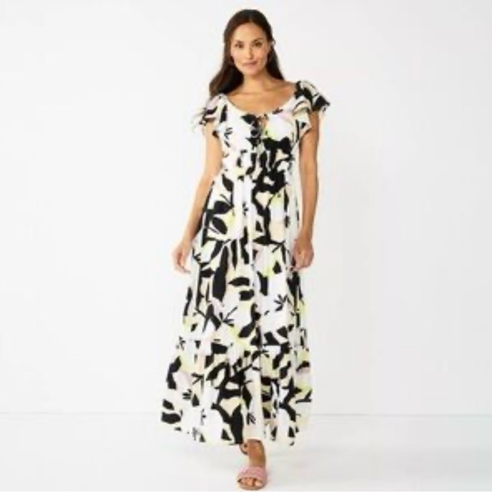 Nine West Multicolor Abstract Lined Maxi Tiered Dress Flutter Sleeves Sz Small